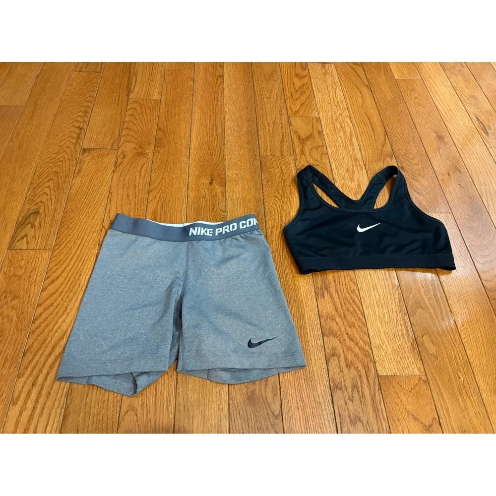 Nike Pro Combat Womens Small Dri-FIT Sports Bra and Compression Shorts Set Gray